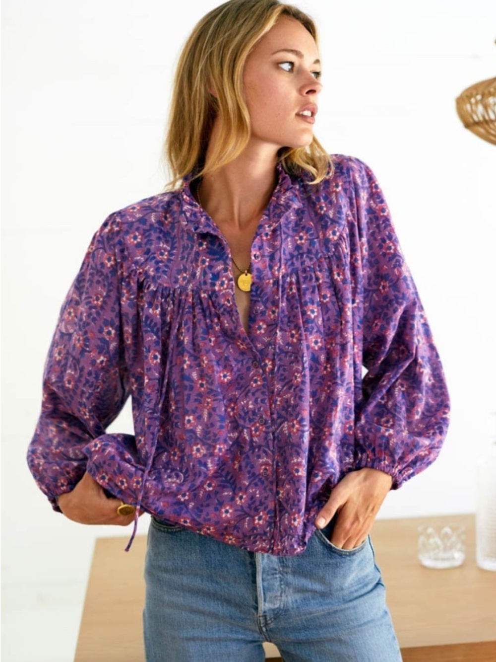 Emerson Fry Emmaline Floral Peasant Boho Blouse Top Violet Wildflower Small